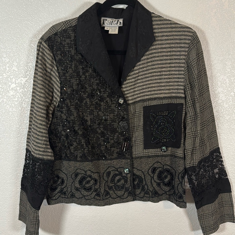 Vintage Black and Gray Patchwork Embroidered Blazer Jacket